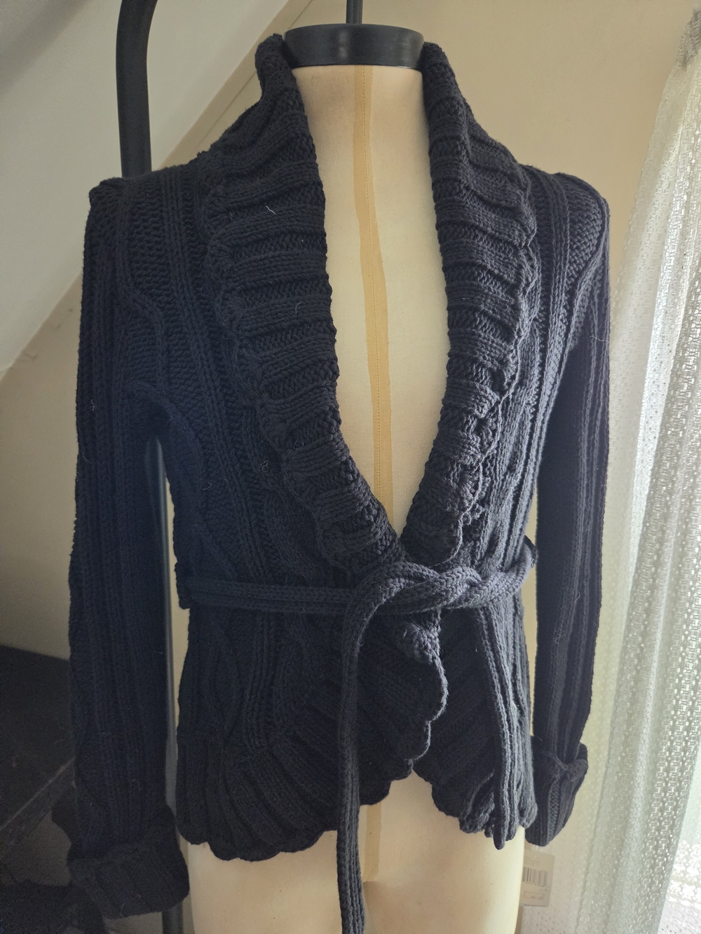 DKNY JEANS Chunky Cable-Knit Shawl Collar Belted Fisherman Cardigan NWT Size L